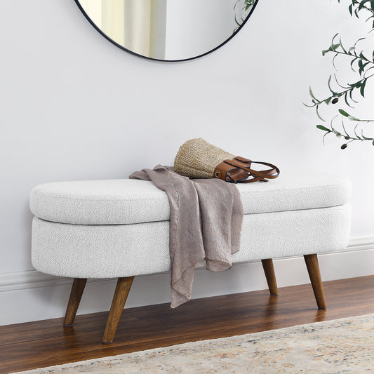 Oval Shaped Ottoman Linen Storage Bench with Wooden Legs- White
