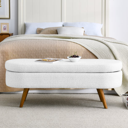 Oval Shaped Ottoman Linen Storage Bench with Wooden Legs- White