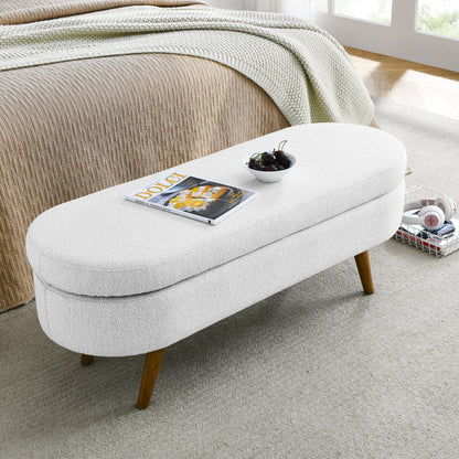 Oval Shaped Ottoman Linen Storage Bench with Wooden Legs- White