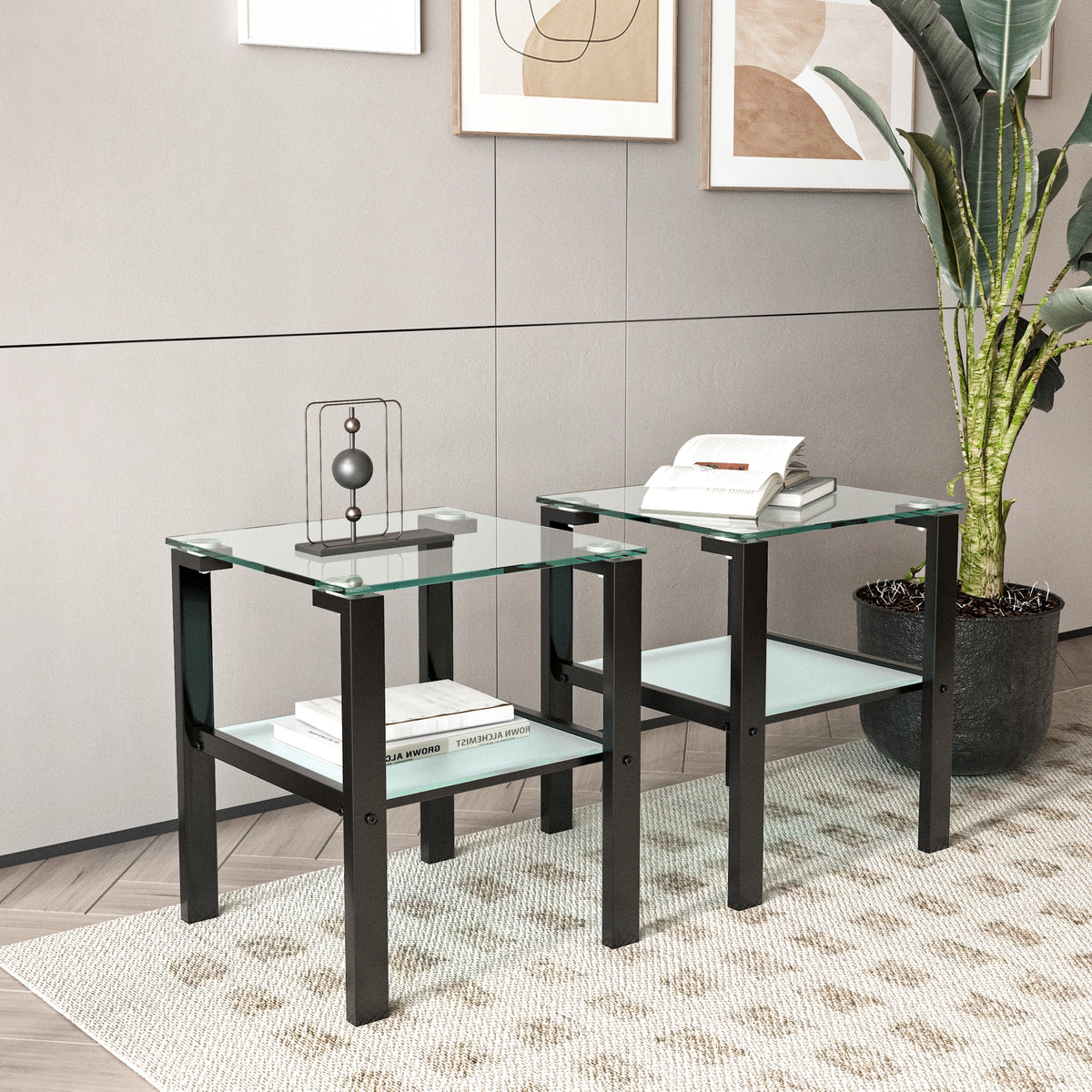 2pcs Two Layered Tempered Glass Small Bedroom Corner Home Tea Table- Transparent+Black