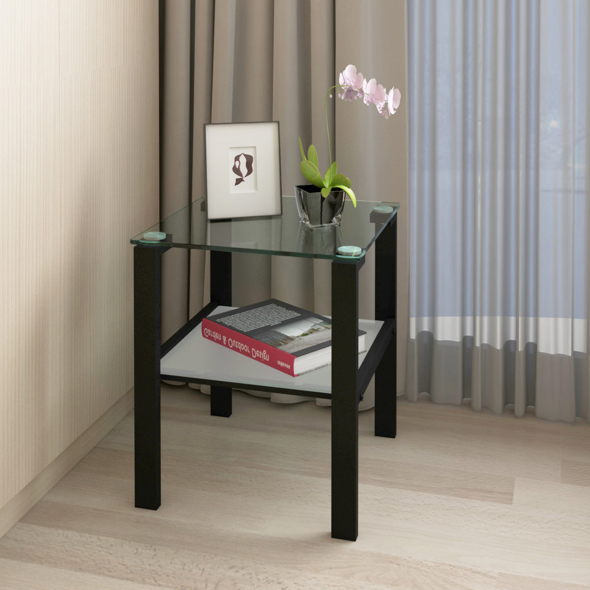 2pcs Two Layered Tempered Glass Small Bedroom Corner Home Tea Table- Transparent+Black