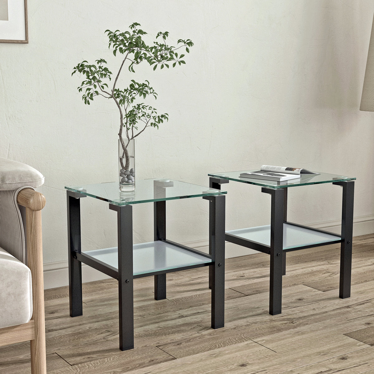 2pcs Two Layered Tempered Glass Small Bedroom Corner Home Tea Table- Transparent+Black