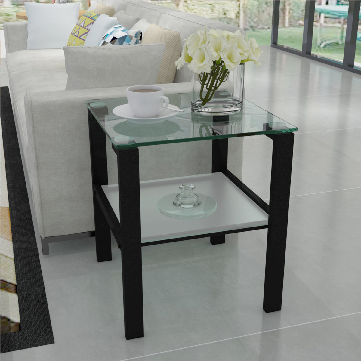 2pcs Two Layered Tempered Glass Small Bedroom Corner Home Tea Table- Transparent+Black