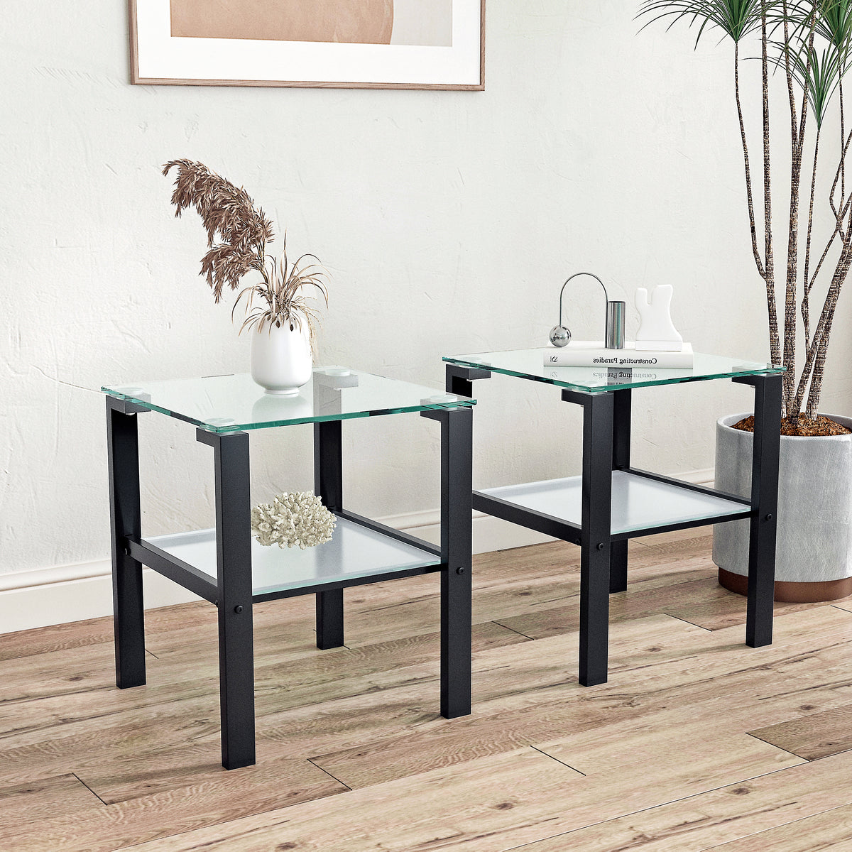2pcs Two Layered Tempered Glass Small Bedroom Corner Home Tea Table- Transparent+Black