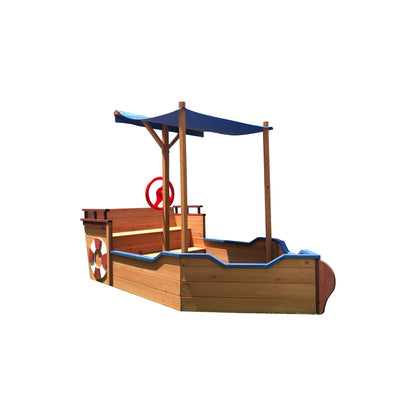 Wooden Sand Pit Sandbox Pirate Ship Sandboat Play Station with Canopy