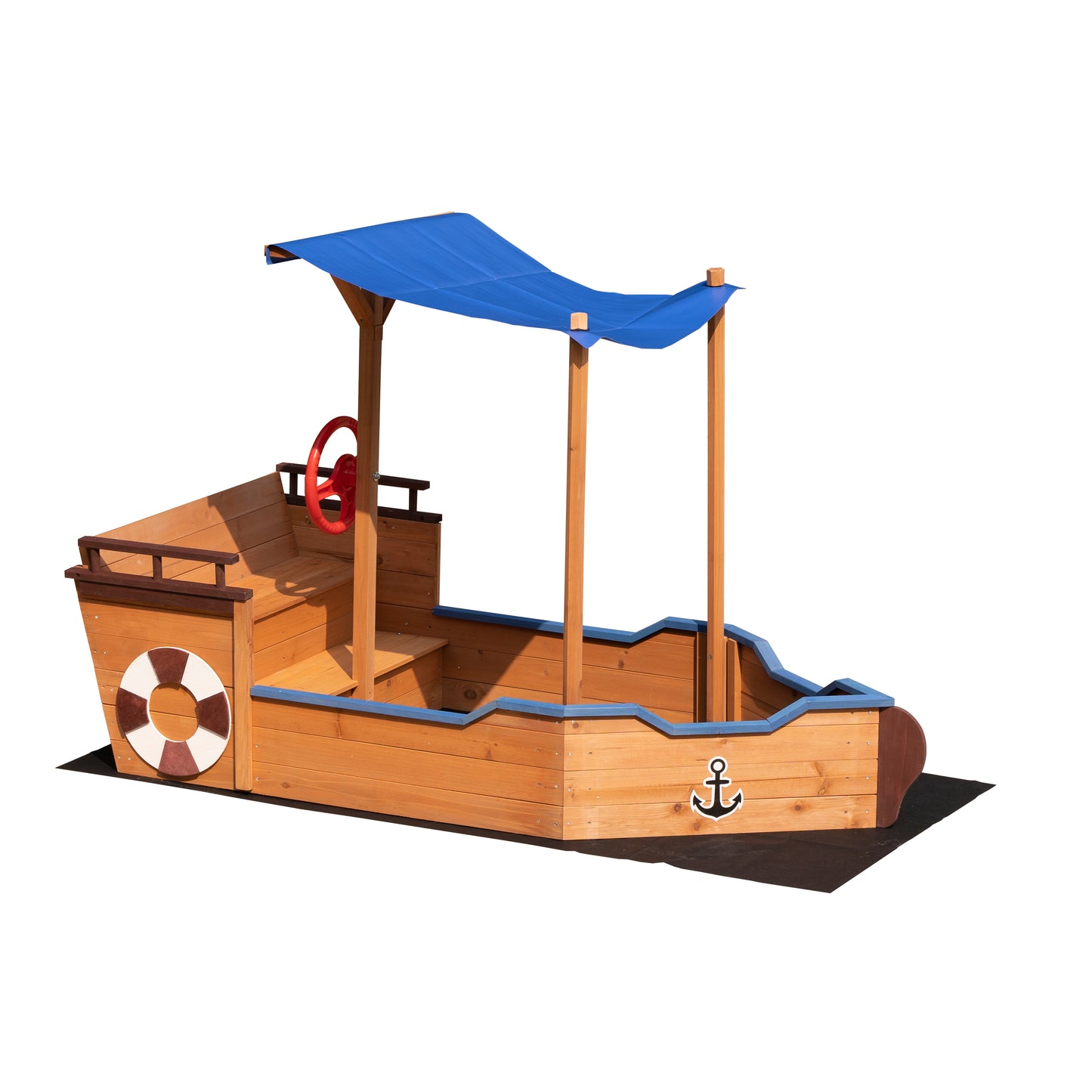 Wooden Sand Pit Sandbox Pirate Ship Sandboat Play Station with Canopy