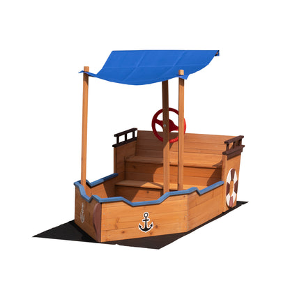 Wooden Sand Pit Sandbox Pirate Ship Sandboat Play Station with Canopy