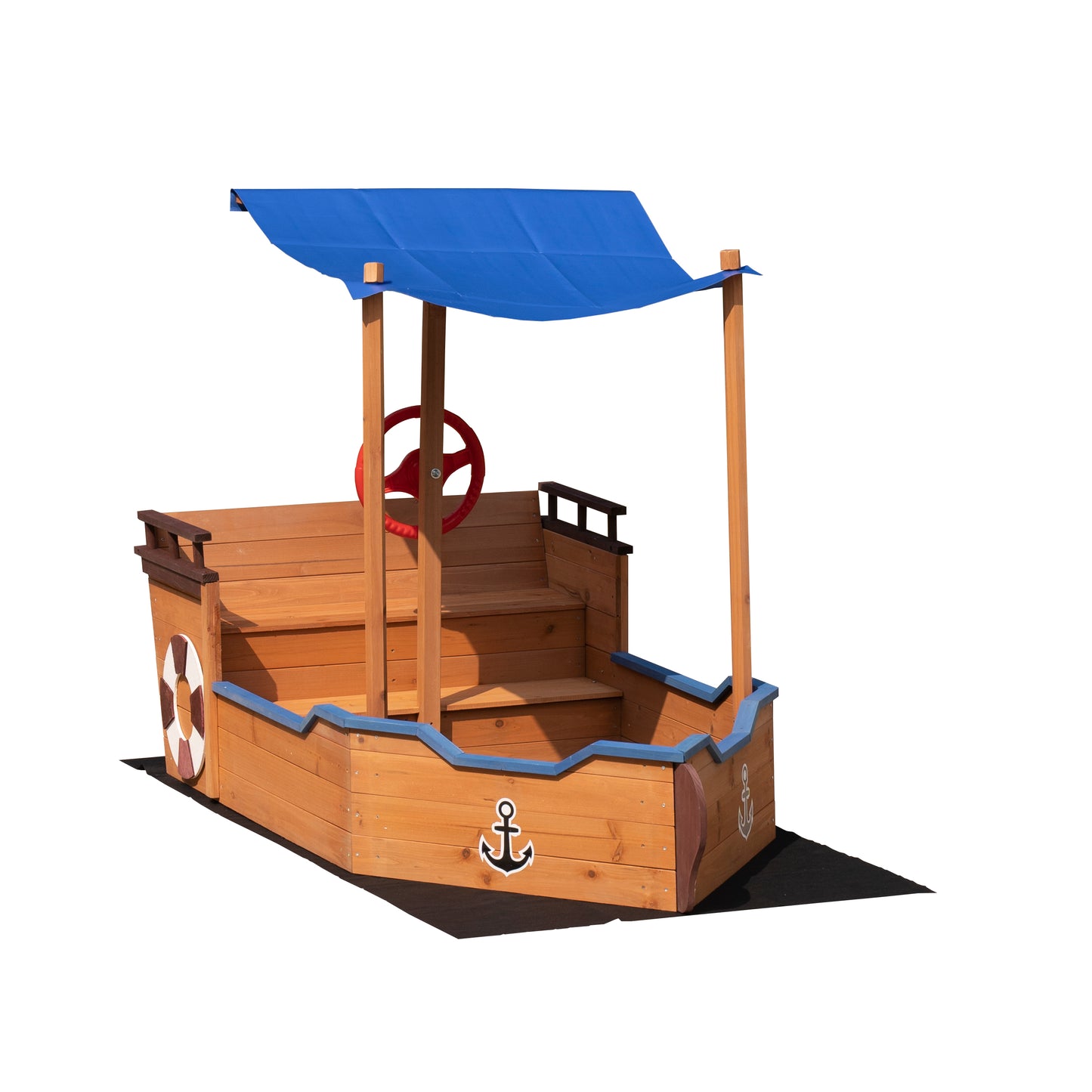 Wooden Sand Pit Sandbox Pirate Ship Sandboat Play Station with Canopy