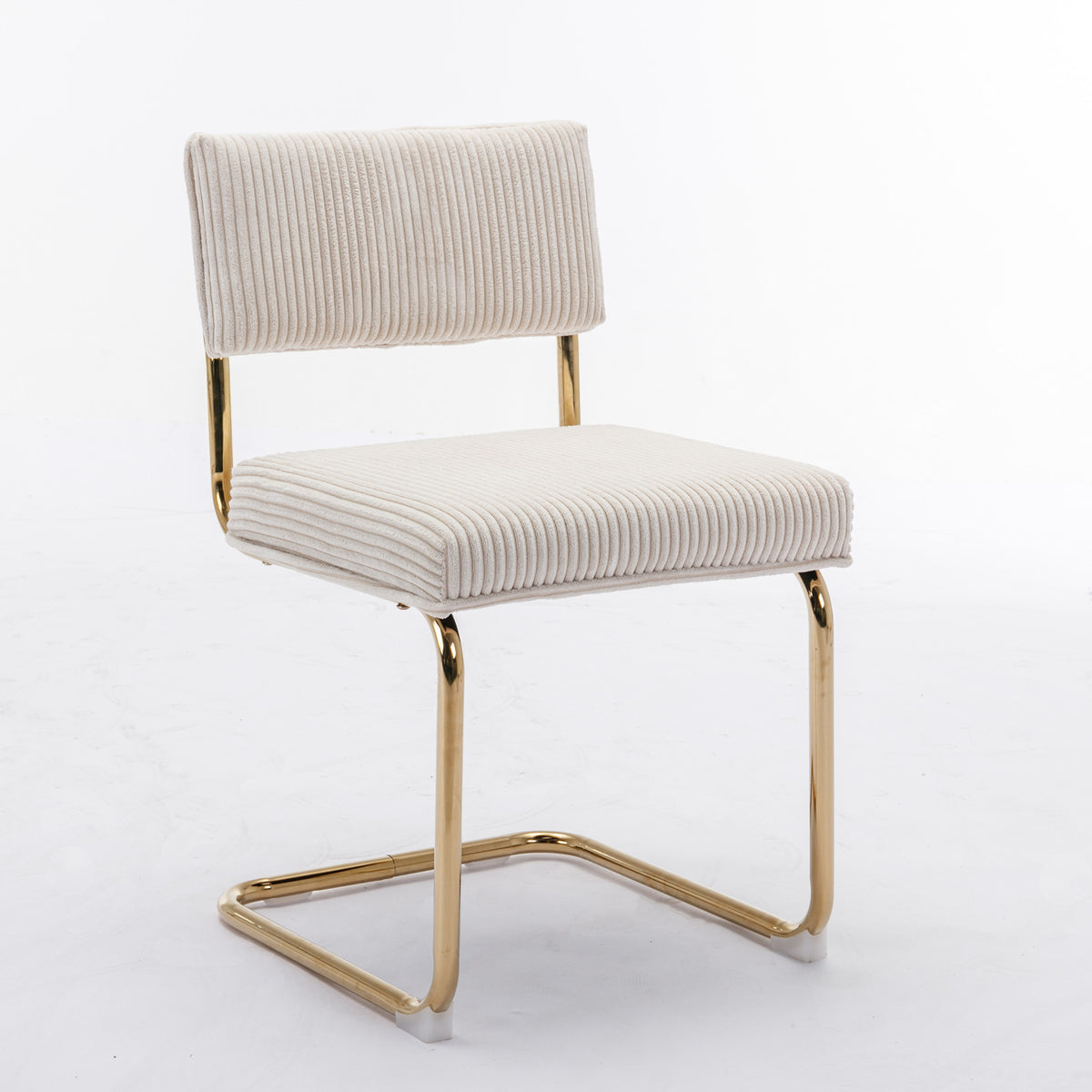 Set of 2 Modern Dining Chairs in Corduroy Fabric with Gold Metal Base- Beige