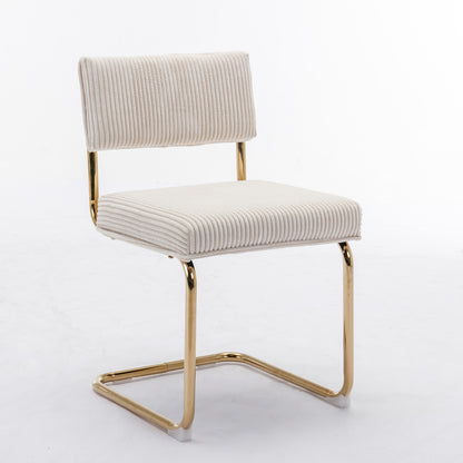 Set of 2 Modern Dining Chairs in Corduroy Fabric with Gold Metal Base- Beige