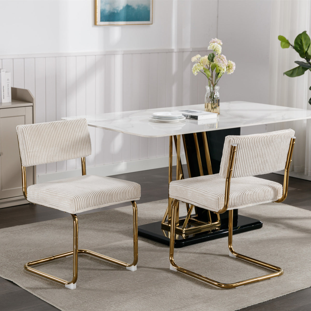 Set of 2 Modern Dining Chairs in Corduroy Fabric with Gold Metal Base- Beige