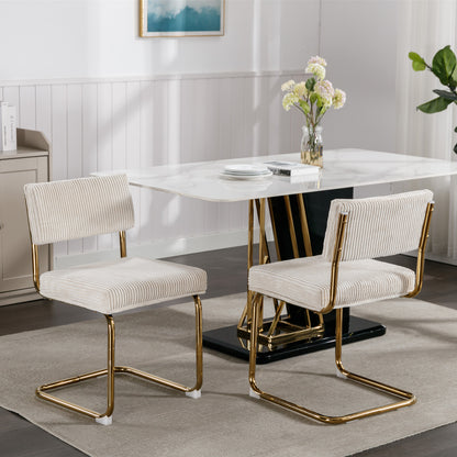 Set of 2 Modern Dining Chairs in Corduroy Fabric with Gold Metal Base- Beige