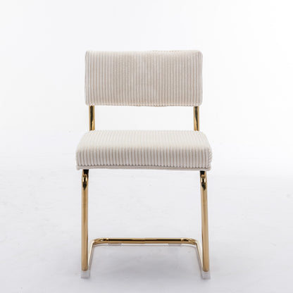 Set of 2 Modern Dining Chairs in Corduroy Fabric with Gold Metal Base- Beige