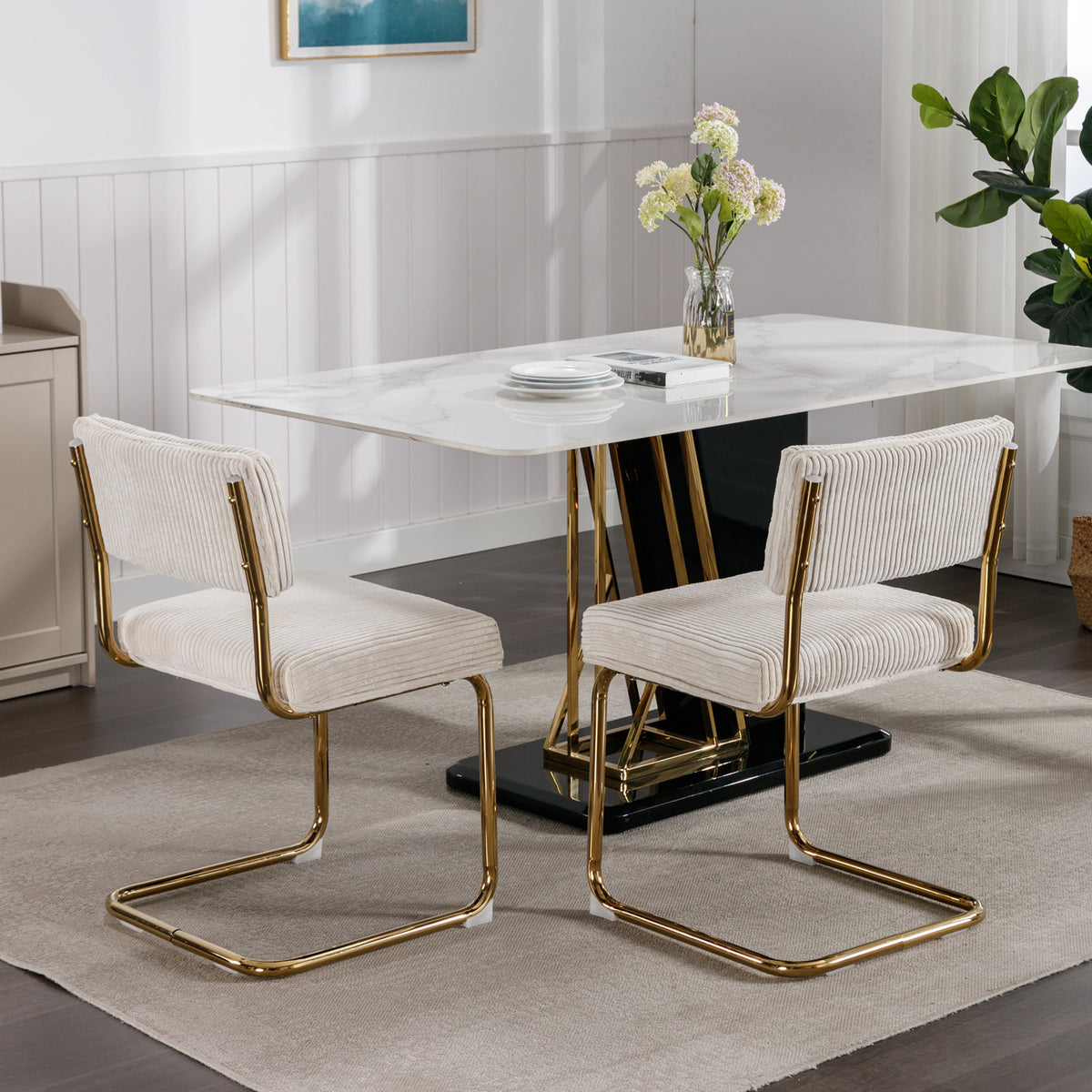 Set of 2 Modern Dining Chairs in Corduroy Fabric with Gold Metal Base- Beige