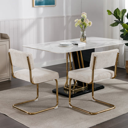 Set of 2 Modern Dining Chairs in Corduroy Fabric with Gold Metal Base- Beige