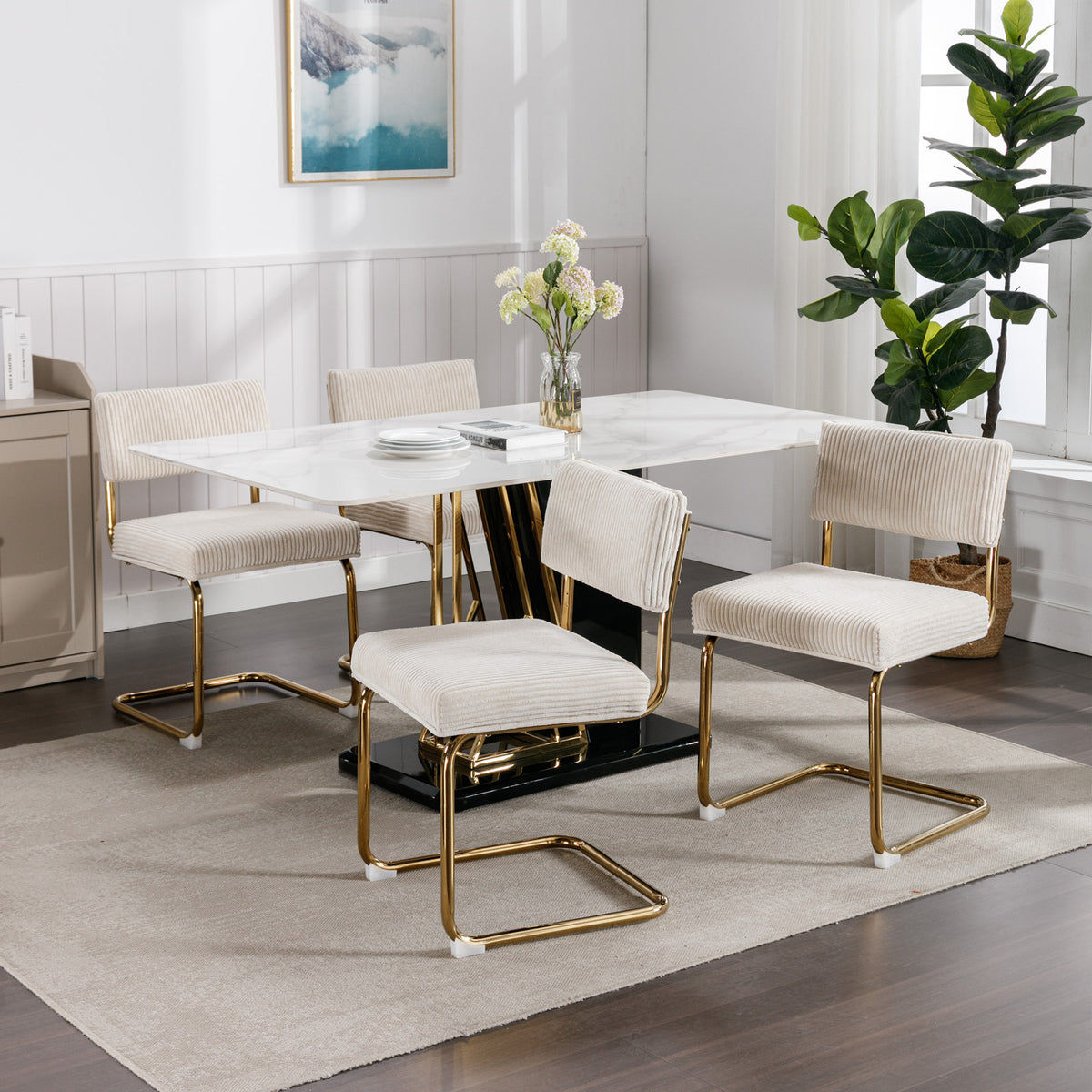 Set of 2 Modern Dining Chairs in Corduroy Fabric with Gold Metal Base- Beige