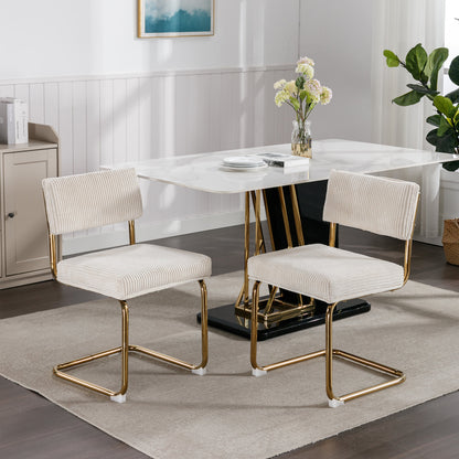 Set of 2 Modern Dining Chairs in Corduroy Fabric with Gold Metal Base- Beige