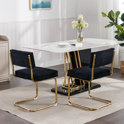 Set of 2 Modern Dining Chairs in Corduroy Fabric with Gold Metal Base- Black