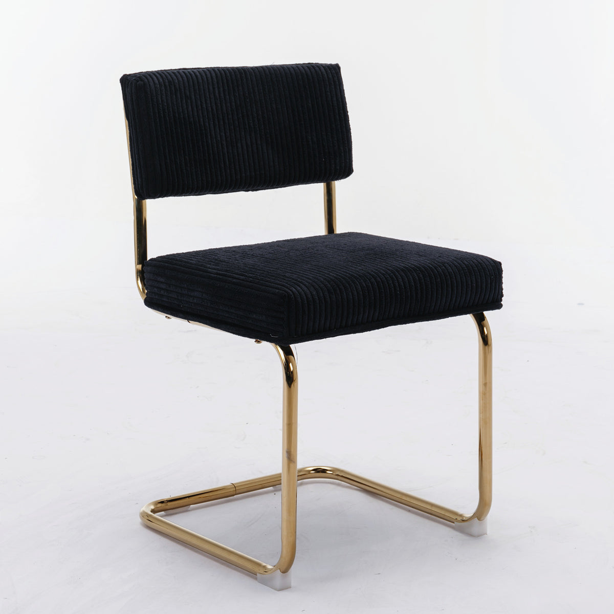 Set of 2 Modern Dining Chairs in Corduroy Fabric with Gold Metal Base- Black