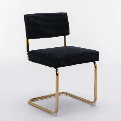 Set of 2 Modern Dining Chairs in Corduroy Fabric with Gold Metal Base- Black