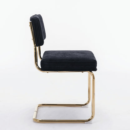 Set of 2 Modern Dining Chairs in Corduroy Fabric with Gold Metal Base- Black