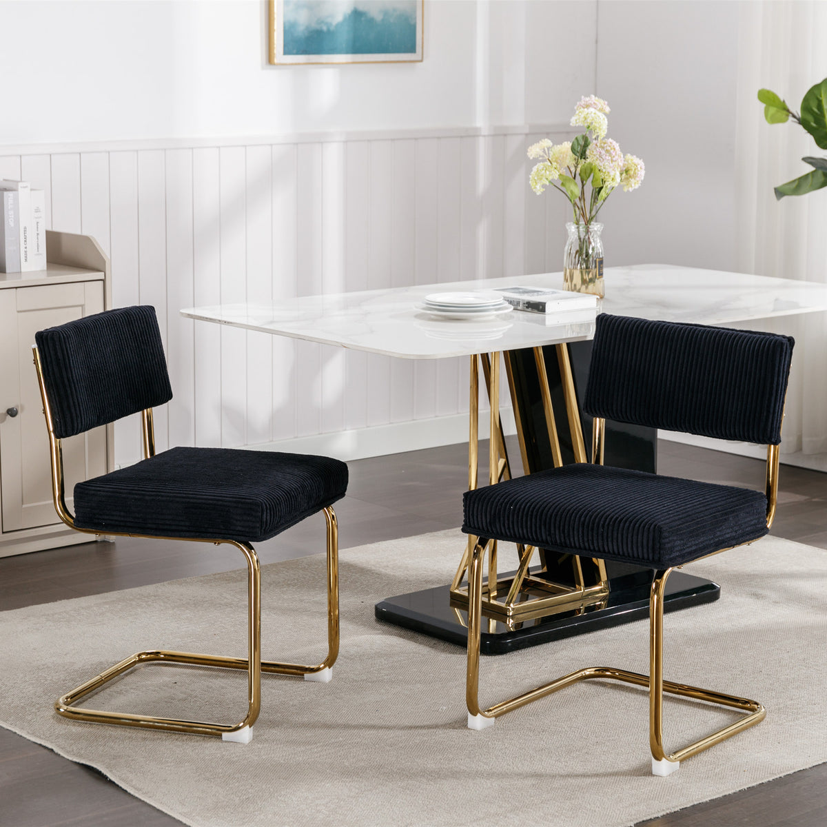 Set of 2 Modern Dining Chairs in Corduroy Fabric with Gold Metal Base- Black