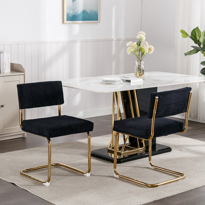 Set of 2 Modern Dining Chairs in Corduroy Fabric with Gold Metal Base- Black