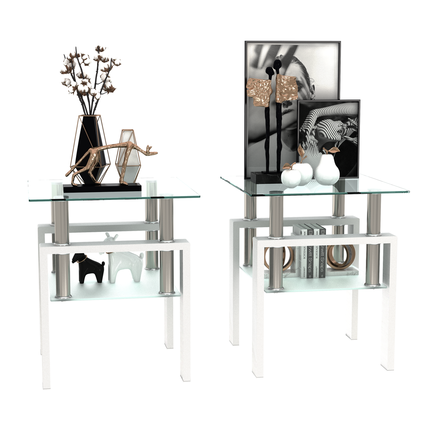 2 pcs Modern Design Coffee Table Tempered Glass End Table Night Stand- Transparent/White