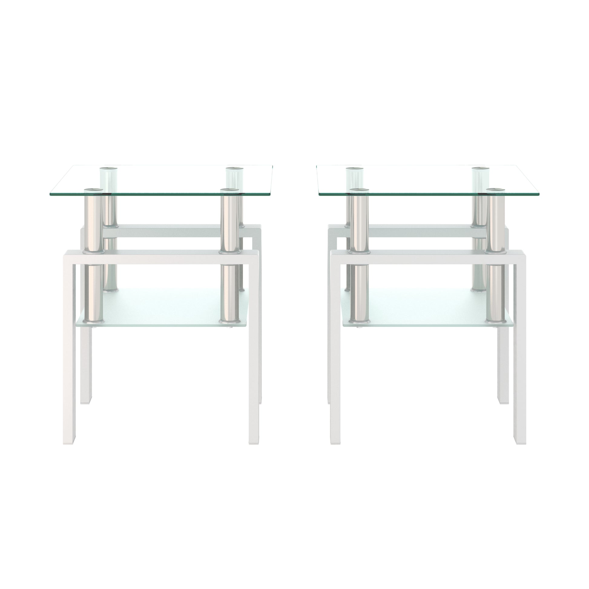 2 pcs Modern Design Coffee Table Tempered Glass End Table Night Stand- Transparent/White