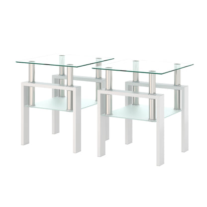 2 pcs Modern Design Coffee Table Tempered Glass End Table Night Stand- Transparent/White