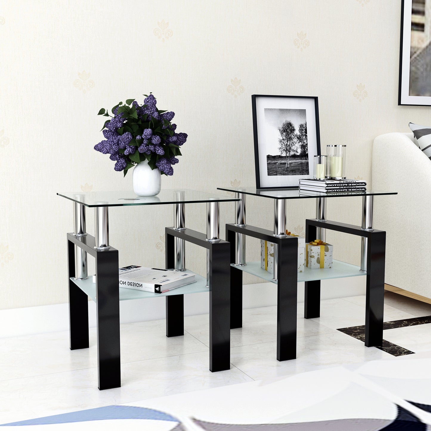 2 pcs Modern Design Coffee Table Tempered Glass End Table Night Stand- Transparent/Black