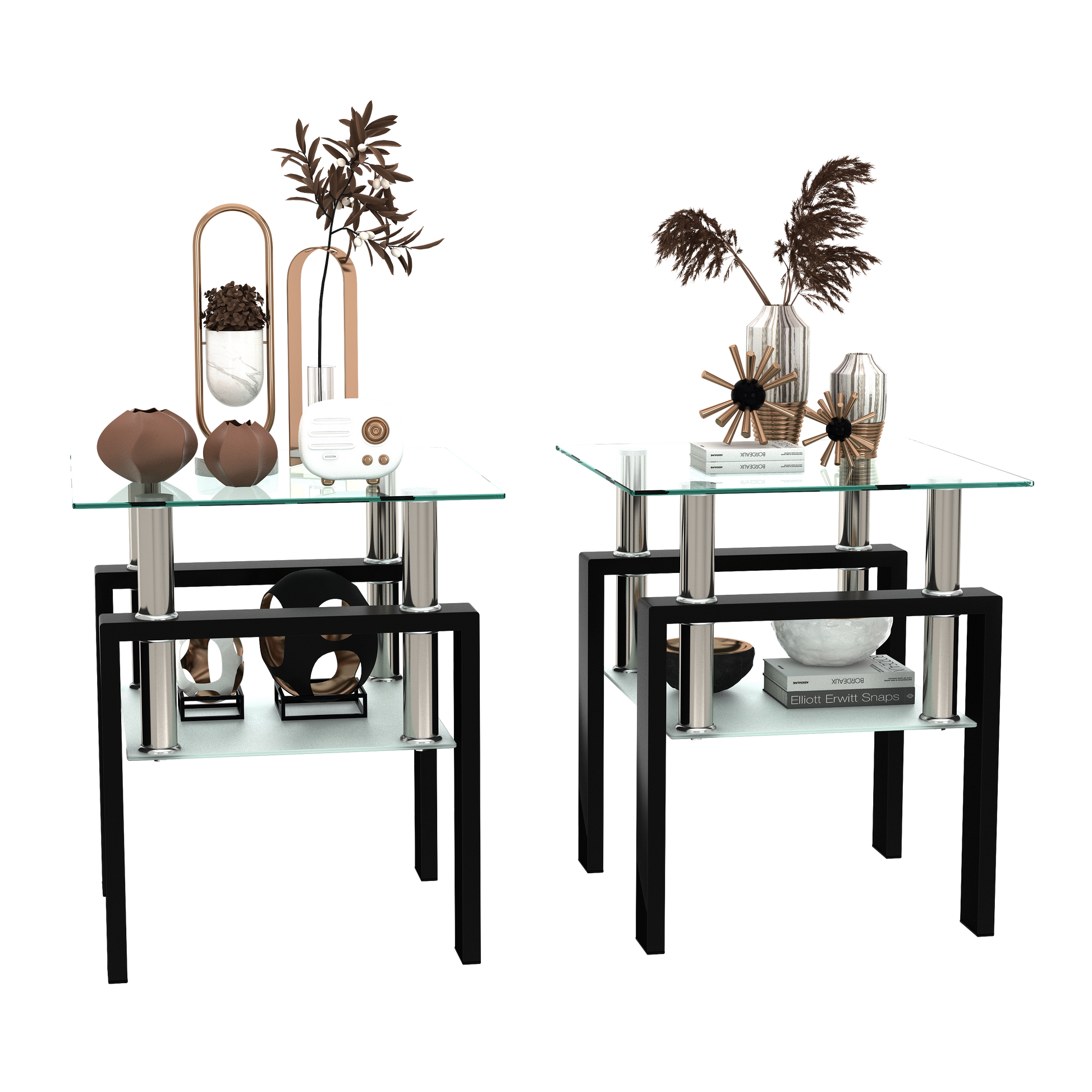 2 pcs Modern Design Coffee Table Tempered Glass End Table Night Stand- Transparent/Black