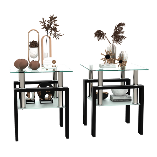 2 pcs Modern Design Coffee Table Tempered Glass End Table Night Stand- Transparent/Black