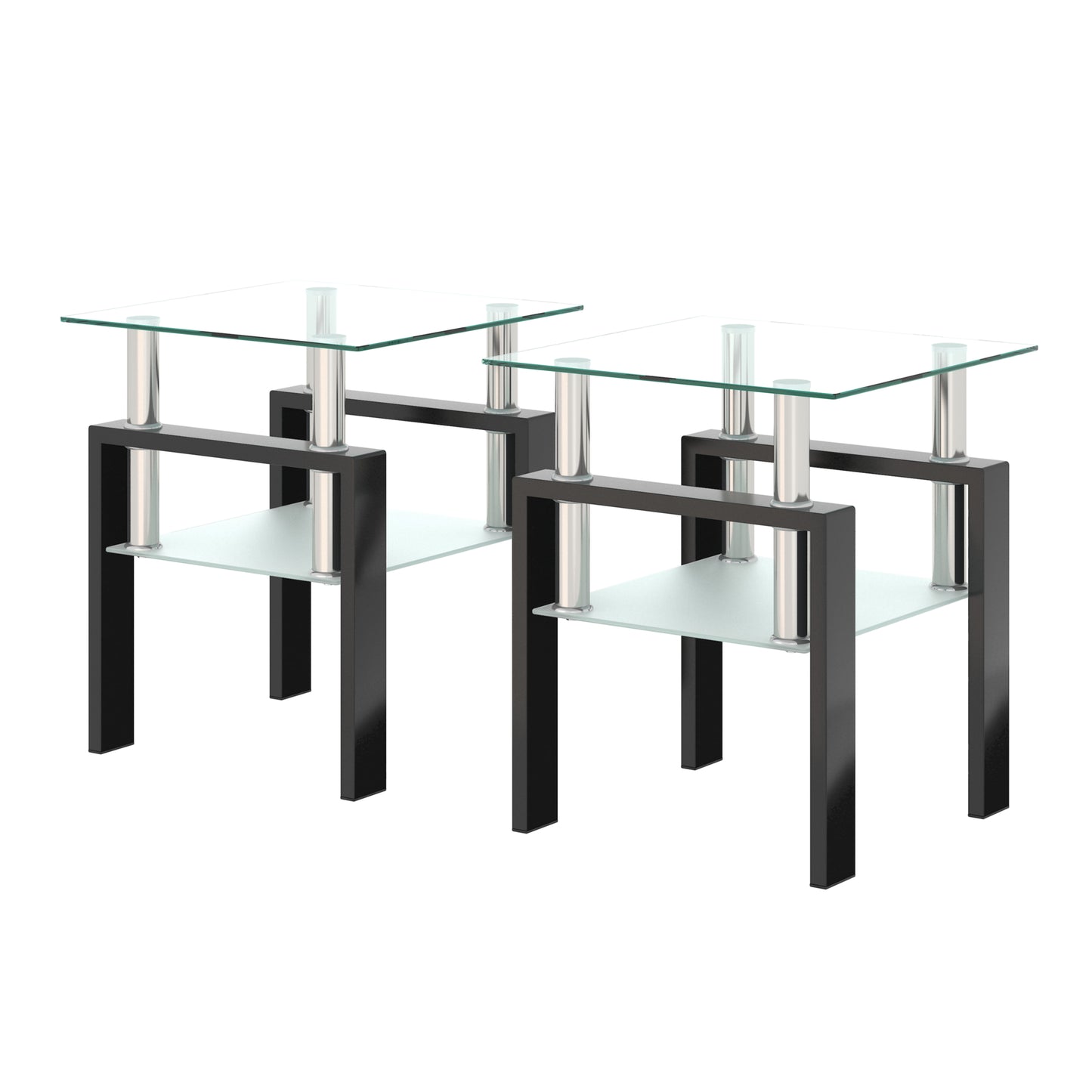 2 pcs Modern Design Coffee Table Tempered Glass End Table Night Stand- Transparent/Black