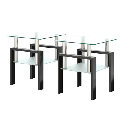2 pcs Modern Design Coffee Table Tempered Glass End Table Night Stand- Transparent/Black