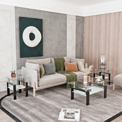 2 pcs Modern Design Coffee Table Tempered Glass End Table Night Stand- Transparent/Black