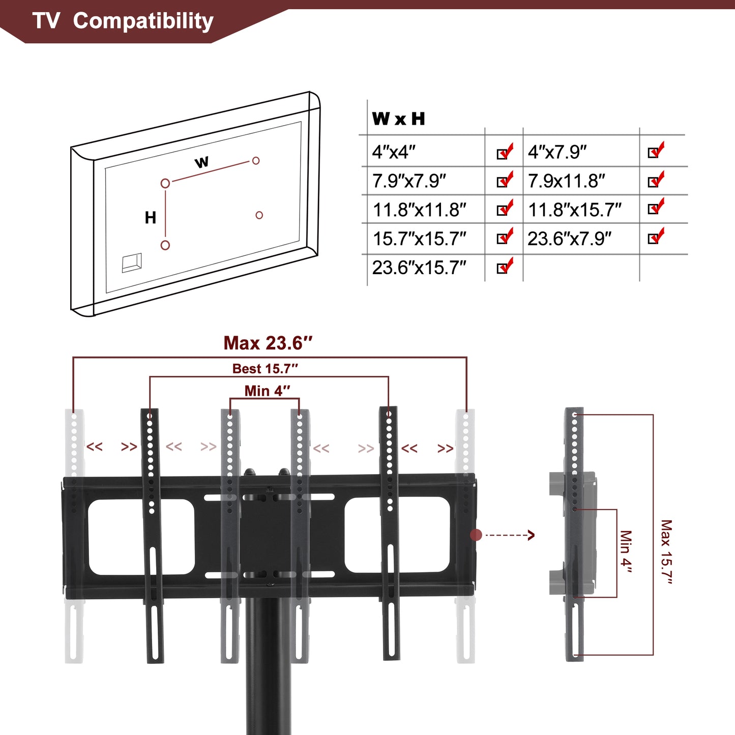 3-Tier Multi-functional TV Stand Height Adjustable Swivel Bracket - Black