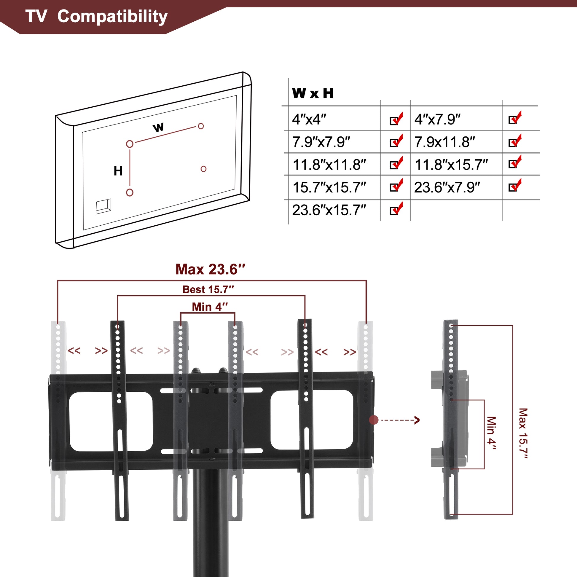 3-Tier Multi-functional TV Stand Height Adjustable Swivel Bracket - Black