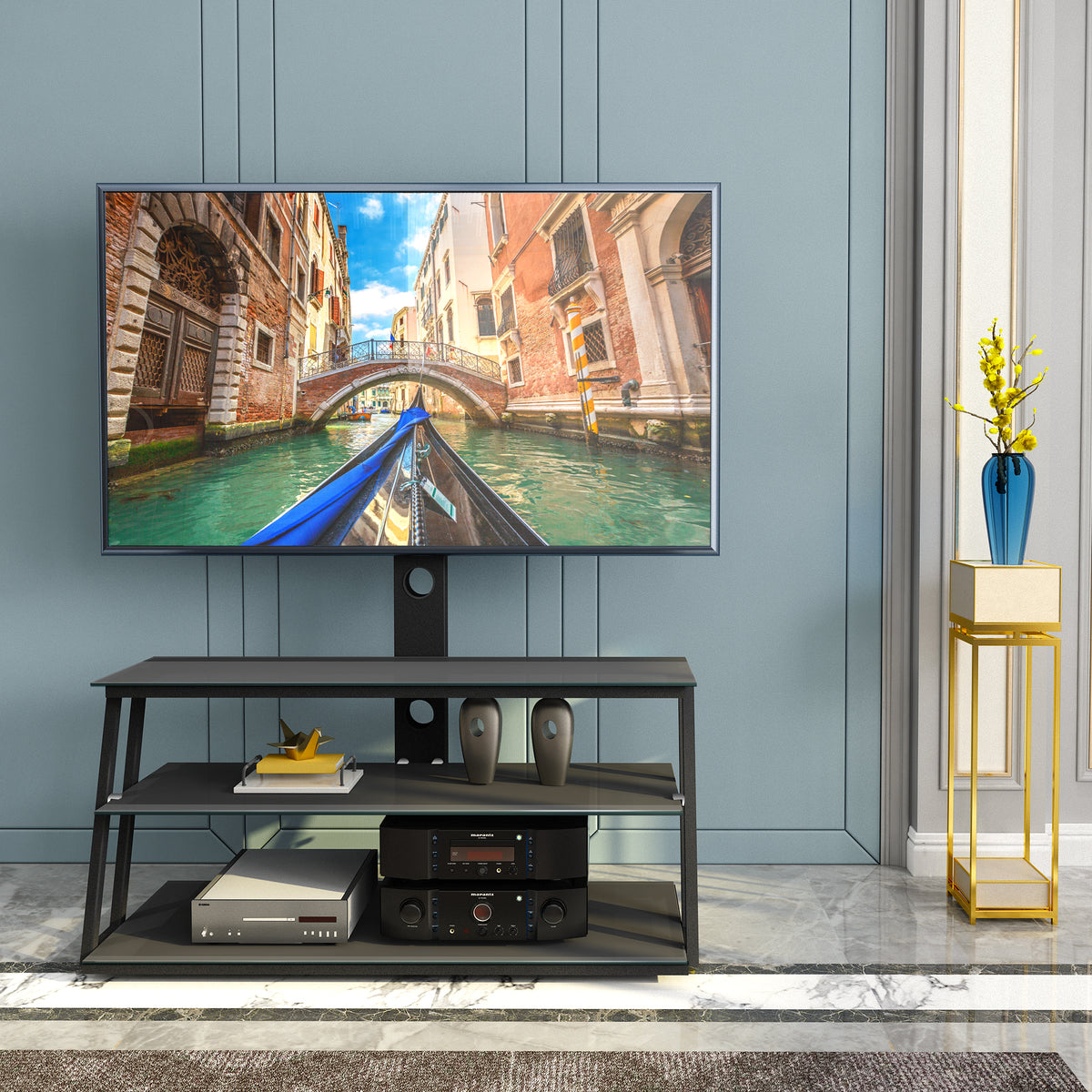 Multi-Functional Angle And Height Adjustable Tempered Glass TV Stand- Black