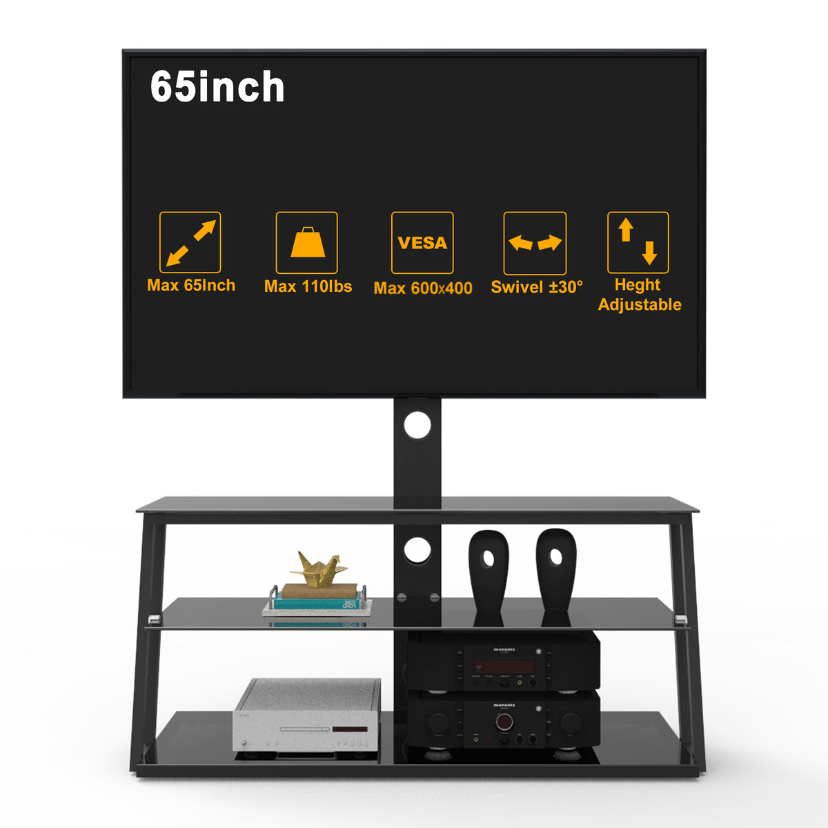 Multi-Functional Angle And Height Adjustable Tempered Glass TV Stand- Black