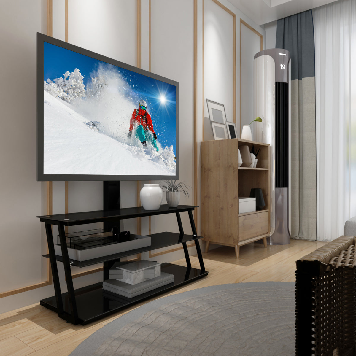 Multi-Functional Angle And Height Adjustable Tempered Glass TV Stand- Black