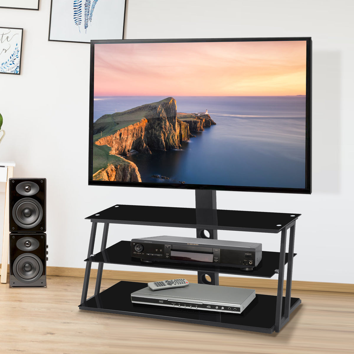 Multi-Functional Angle And Height Adjustable Tempered Glass TV Stand- Black