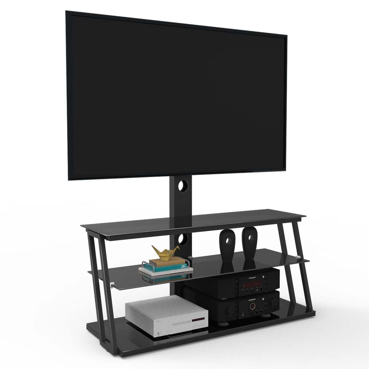 Multi-Functional Angle And Height Adjustable Tempered Glass TV Stand- Black