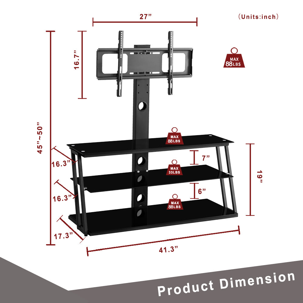 Multi-Functional Angle And Height Adjustable Tempered Glass TV Stand- Black