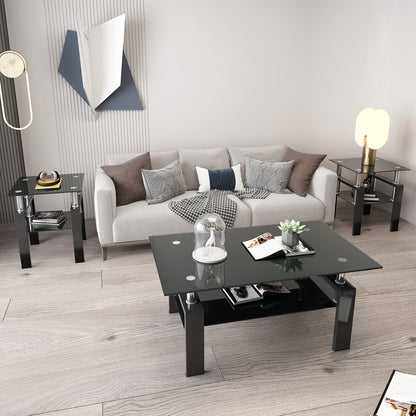 2 pcs Modern Design Coffee Table Tempered Glass End Table Night Stand- Black/Black