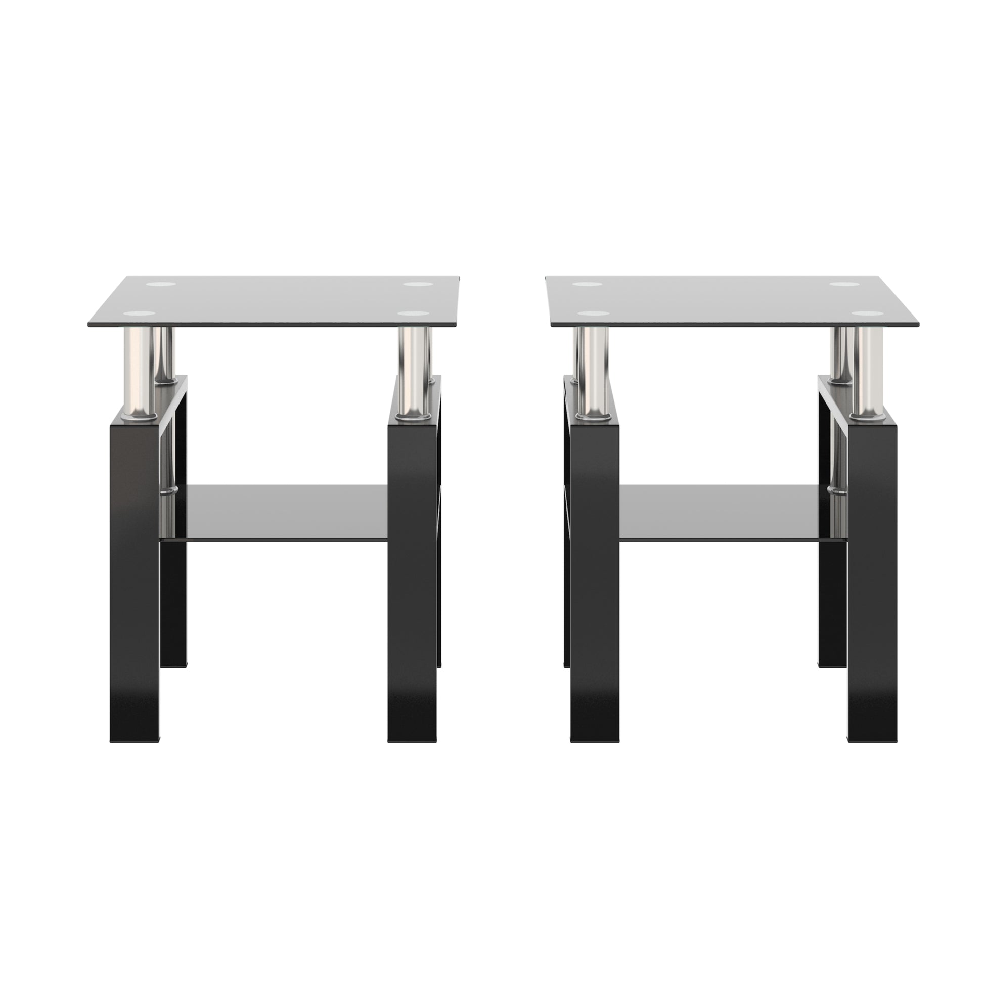 2 pcs Modern Design Coffee Table Tempered Glass End Table Night Stand- Black/Black