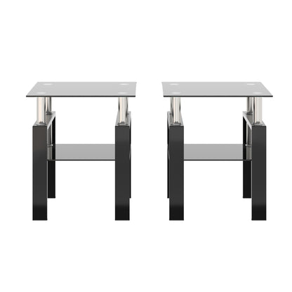 2 pcs Modern Design Coffee Table Tempered Glass End Table Night Stand- Black/Black
