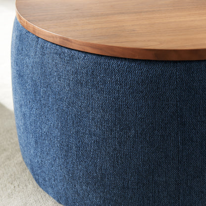 2 in 1 Round Storage Organizer and Foot Stool with Wooden Lid- Navy