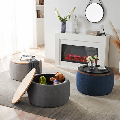 2 in 1 Round Storage Organizer and Foot Stool with Wooden Lid- Navy
