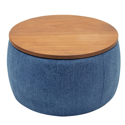 2 in 1 Round Storage Organizer and Foot Stool with Wooden Lid- Navy